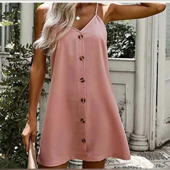 💜 Entro Summer Spaghetti Strap Button Down V Neck Sleeveless Casual Mini Dress - Picture 2 of 9